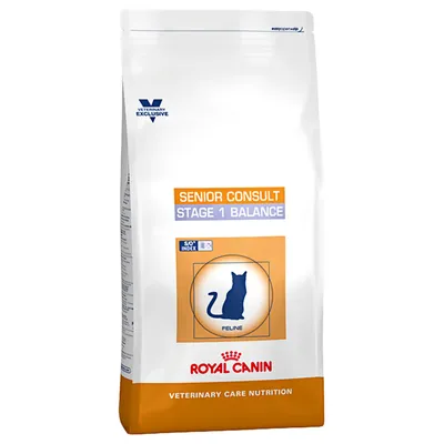 Royal Canin Senior Consult Stage 1 Balance Feline -kuivaruokapakkaus, tekstit: SO Index, Veterinary Exclusive, Veterinary Care Nutrition, kissan siluetti etiketissä.