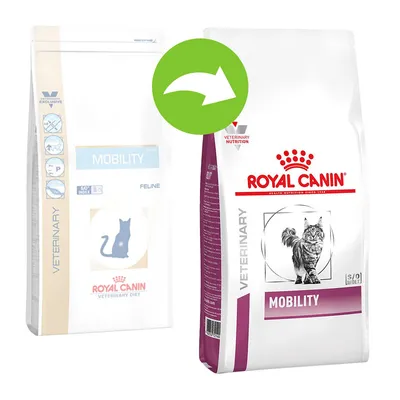 Royal Canin Veterinary Mobility -kissanruokapakkausten uudistus: vanha ja uusi pakkaus vierekkäin, vihreä nuoli osoittaa muutoksen. Molemmissa näkyy Mobility-teksti ja kissakuva.