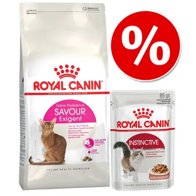 Royal Canin Feline Preference Savour Exigent oraz Royal Canin Instinctive 85 g. Opakowania karmy dla kotów, widoczne logo i znak procentowy oznaczający promocję.