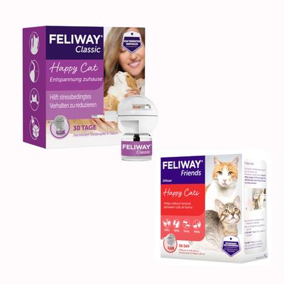 Feliway Friends en Feliway Classic startsets, elk met verdamper en flacon 48 ml, zichtbaar op de verpakking. Rood kortingssymbool met wit procentteken rechtsboven.