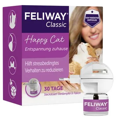 FELIWAY Classic difusor e recarga. Texto visível: Happy Cat, Entspannung zuhause, Hilft stressbedingtes Verhalten zu reduzieren, 30 TAGE, Steckdosen-Verdampfer & Flakon.