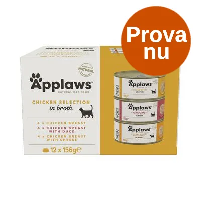 Applaws Chicken Selection in broth, 12 x 156 g. 4 x kycklingbröst, 4 x kycklingbröst med anka, 4 x kycklingbröst med ost. Orange cirkel med texten 'Prova nu'.