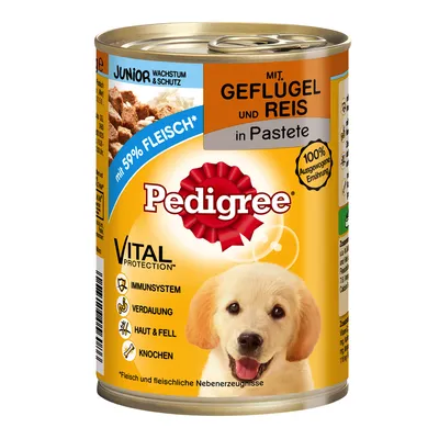 Pedigree Vital Protection Junior, pasztet z drobiem i ryżem, 59% mięsa, wspiera: układ odpornościowy, trawienie, skórę i sierść, kości. 100% zbilansowanej diety. Puszka 400 g.