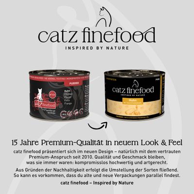 catz finefood Huhn im neuen und alten Verpackungsdesign. Hinweis: Umstellung auf neues Design, Qualität bleibt unverändert hochwertig. Beide Dosen können parallel erhältlich sein.