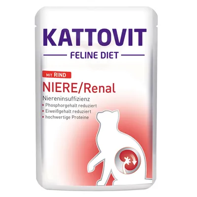 Kattovit Feline Diet NIERE/Renal mit Rind. Niereninsuffizienz: Phosphorgehalt reduziert, Eiweißgehalt reduziert, hochwertige Proteine. Tekst deels in het Duits.
