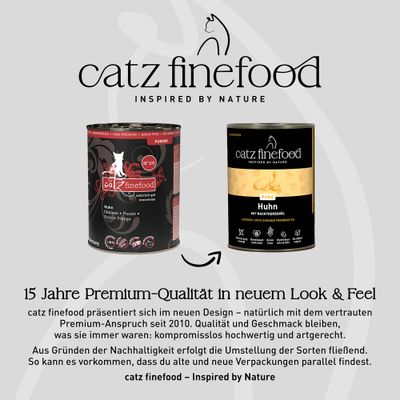 catz finefood Huhn Nassfutter im alten und neuen Design. Hinweis: Neue Verpackung, Qualität bleibt unverändert, nachhaltige Umstellung, beide Designs können parallel erscheinen.