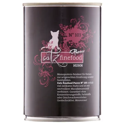 Lata de comida para gatos catz finefood Purrrr N° 103 Huhn. Texto en alemán sobre ingredientes y características visibles en el envase. Lata de comida para gatos catz finefood Purrrr N° 103 Huhn. Texto en alemán sobre ingredientes y características visibles en el envase.