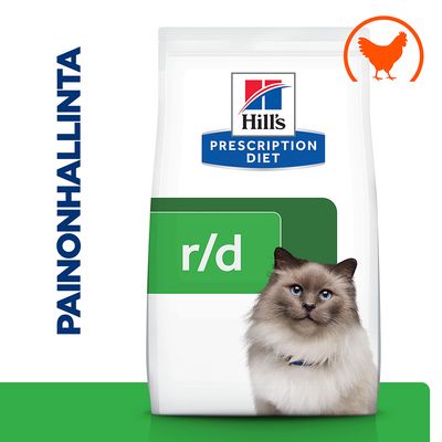 Hill's Prescription Diet r/d kissanruoka, painonhallinta, vihreä etiketti, kanan siluetti, valkoinen pitkäkarvainen kissa pakkauksessa. Teksti: PAINONHALLINTA.