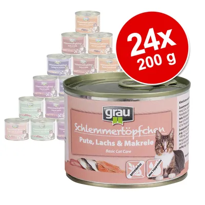 grau Schlemmertöpfchen Pute, Lachs & Makrele kattenvoer, 24 x 200 g blikken. Tekst: Basic Cat Care, graanvrij, zonder soja-eiwitten. Afbeelding van kat en vis op het blik.