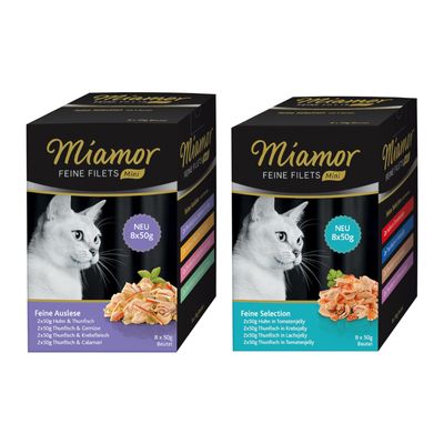 Miamor Feine Filets Mini, Feine Auslese, 16x50g. Sorten: Huhn & Thunfisch, Thunfisch & Gemüse, Thunfisch & Krebsfleisch, Thunfisch & Calamari. NEU 8x50g Beutel.