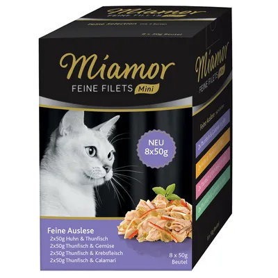 Miamor Feine Filets Mini, Feine Auslese: 2x50g pollo e tonno, 2x50g tonno e verdure, 2x50g tonno e polpa di granchio, 2x50g tonno e calamari. Nuovo, 8x50g buste.