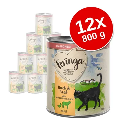 Set 12x800 g conserve Feringa Classic Meat pentru pisici adulte, Duck & Veal cu broccoli și păpădie. Text vizibil: 'Homemade taste begins with love', 'ADULT'.