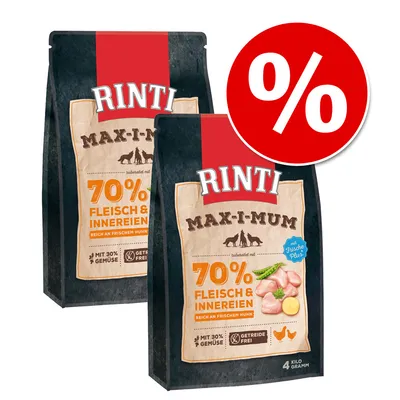 RINTI MAX-I-MUM 70% Fleisch & Innereien, reich an frischem Huhn, mit 30% Gemüse, getreidefrei, 4 kg. To poser med rødt procenttegn for tilbud.