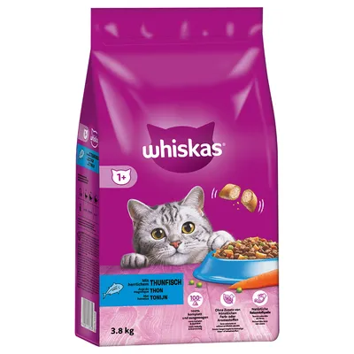 Whiskas hrană uscată pentru pisici de la 1 an, cu ton, 3,8 kg. Fără arome artificiale, fibre naturale, 100% echilibrată și completă.