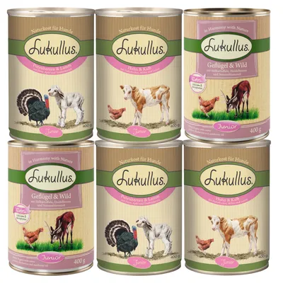 Lot de 6 boîtes Lukullus Junior 400 g, variétés visibles : cœurs de dinde & agneau, poulet & veau, volaille & gibier. Illustrations d’animaux sur chaque boîte. Texte en allemand et anglais.