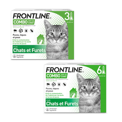 FRONTLINE Combo Spot-On Chat, 3 pipettes de 0,5 ml. Puces, tiques et poux. Pour chats et furets. Boehringer Ingelheim. Évite la contamination de l’habitat par les œufs et larves de puces.