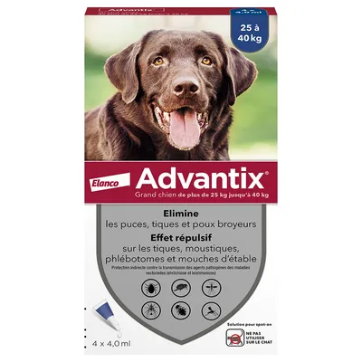Advantix® grand chien, de 25 kg à 40 kg - 4 mois de protection (4 pipettes) Advantix® grand chien, de 25 kg à 40 kg - 4 mois de protection (4 pipettes)