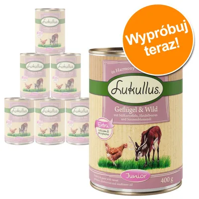 6 puszek Lukullus Geflügel & Wild Junior 400 g, napis na pomarańczowym kole: Wypróbuj teraz! Widoczne teksty po niemiecku i angielsku na etykiecie.