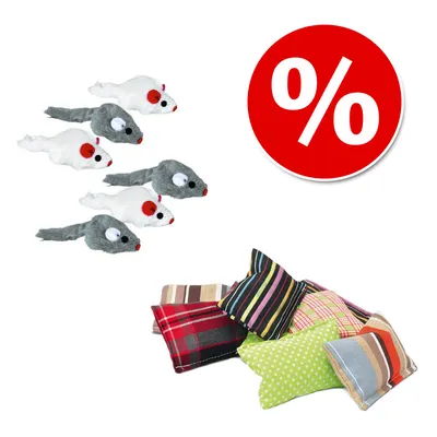 Set van zes pluche muisspeeltjes in grijs en wit, plus meerdere stoffen kattenspeelkussens met verschillende patronen. Rood kortingssymbool (%) zichtbaar.