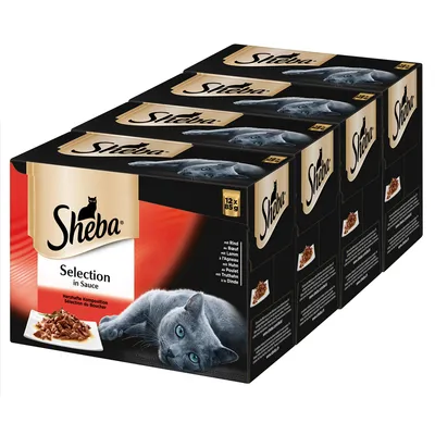 Опаковка Sheba Selection in Sauce, 12 x 85 г. Видими са изображения на котка и порция храна, както и текст: Rind, Lamm, Huhn, Pute. Марката Sheba е ясно изписана.