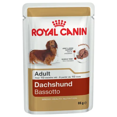 Royal Canin Adult Dachshund Bassotto våtfoder, 85 g. Synlig text: Joint & Bone Support, Muscle Tone, Adapted texture, Over 10 months old, Breed Health Nutrition.