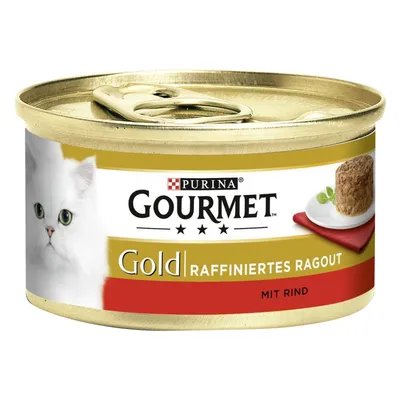 Blik Purina Gourmet Gold Raffiniertes Ragout mit Rind kattenvoer, afbeelding van witte kat en portie vlees op bord zichtbaar op het etiket. Blik Purina Gourmet Gold Raffiniertes Ragout mit Rind kattenvoer, afbeelding van witte kat en portie vlees op bord zichtbaar op het etiket.