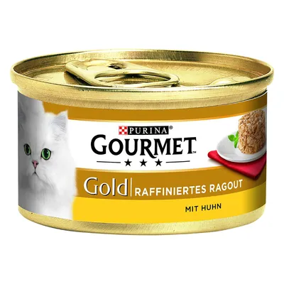 Purina Gourmet Gold Raffiniertes Ragout mit Huhn – puszka z karmą dla kotów, widoczny biały kot i porcja karmy na talerzu. Tekst częściowo po niemiecku.
