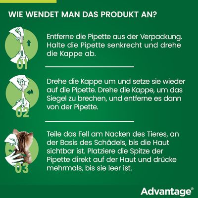 Anleitung zur Anwendung des Produkts: Pipette aus Verpackung entfernen, Kappe drehen und Siegel brechen. Fell am Nacken teilen, Pipette auf Haut platzieren und drücken bis leer.