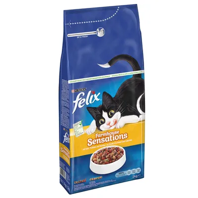 Pachet hrană uscată pentru pisici Purina Felix Farmhouse Sensations, 2 kg. Text vizibil: Zip & Fresh, 100%, Farmhouse Sensations, imagine bol cu crochete.