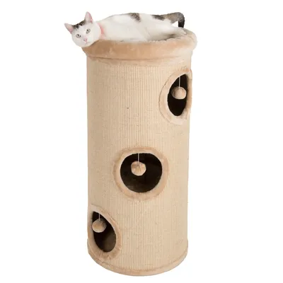 Tall beige scratching tower with three circular openings, each containing a hanging ball toy, and a pet lying on the padded top platform.