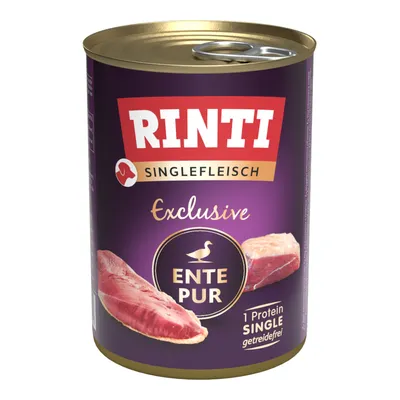 Rinti Singlefleisch Exclusive and, kornfri, 1 enkelt protein. Billede af andekød på dåsen.