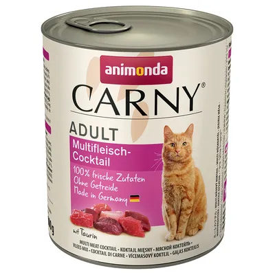 Animonda Carny Adult Multimeat Cocktail, 100% fresh ingredients, grain-free, Made in Germany, with taurine. Tin with image of meat pieces.