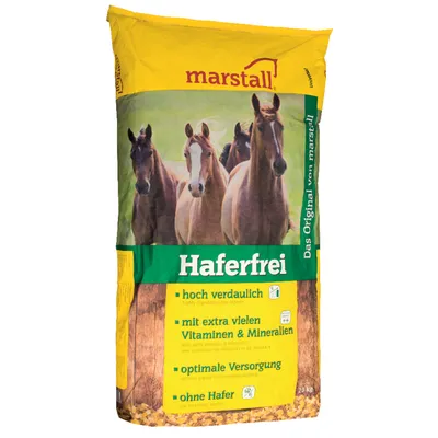Sac de 20 kg marstall Haferfrei, texte en allemand : hoch verdaulich, mit extra vielen Vitaminen & Mineralien, optimale Versorgung, ohne Hafer. Photo de chevaux sur l’emballage.