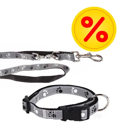 Hondenhalsband en -riem met grijze pootafdrukken, metalen sluitingen en kunststof gesp. Gele kortingscirkel met rood procentteken zichtbaar.