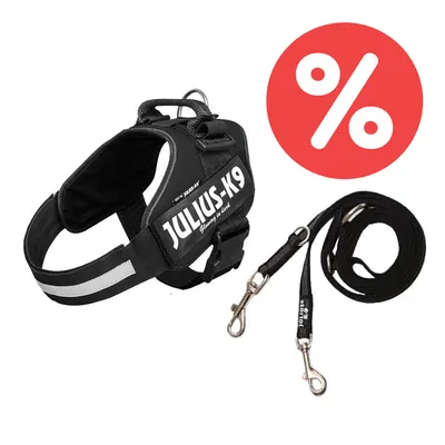 Julius-K9 Geschirr und schwarze Leine im Set. Rotes Prozent-Symbol für Rabattaktion sichtbar.