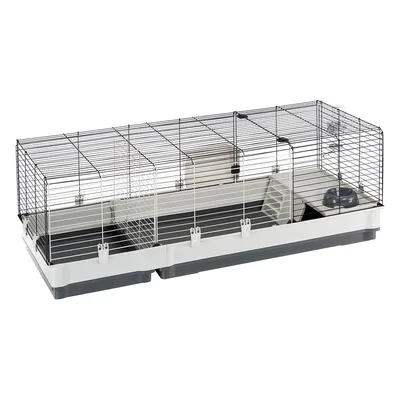 Dierenkooi met metalen tralies, kunststof onderbak, binnenin een voerbak en een verhoogd plateau met trapje. Geschikt voor kleine huisdieren zoals zichtbaar door formaat en indeling.