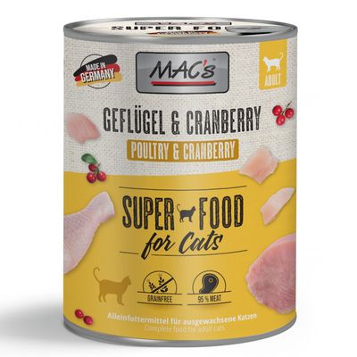 Lot de 24 boîtes MAC's Super Food for Cats Rind Beef 800 g, visible : Made in Germany, sans céréales, forte teneur en viande, pour chats adultes. Illustration de bœuf et carotte.