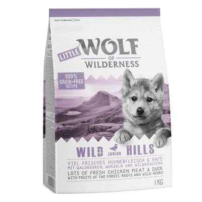 Wolf of Wilderness Little Junior Wild Hills, recette 100 % sans céréales, beaucoup de viande de poulet frais et de canard avec baies sauvages, racines et herbes sauvages. Taille du paquet : 1 kg.