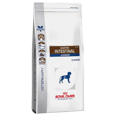Royal Canin Veterinary Diet Gastro Intestinal Junior Canine. Ruoka koirille, joilla on ruoansulatusongelmia, korkea energiapitoisuus, helppo uudelleen nesteytys, optimaalinen kasvutuki.