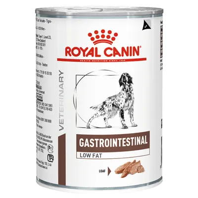 Royal Canin Gastrointestinal Low Fat Veterinary koiran märkäruoka, tölkki, etiketissä seisova koira ja teksti 'LOAF'. Royal Canin Gastrointestinal Low Fat Veterinary koiran märkäruoka, tölkki, etiketissä seisova koira ja teksti 'LOAF'.