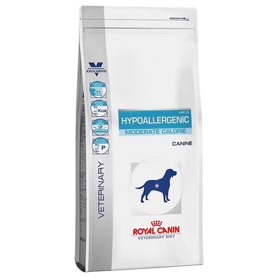 Royal Canin Veterinary Diet Hypoallergenic Moderate Calorie Canine. HME 23, hypoallergenes Futter mit moderatem Kaloriengehalt für Hunde. Verpackung zeigt Hundesymbol und Produktdetails.