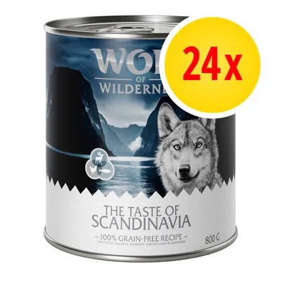 Wolf of Wilderness The Taste of Scandinavia, 24x800 g. Text: 100 % grain-free recipe, with flesh salmon, reindeer, chicken and blueberries. Wolf of Wilderness The Taste of Scandinavia, 24x800 g. Text: 100 % grain-free recipe, with flesh salmon, reindeer, chicken and blueberries.
