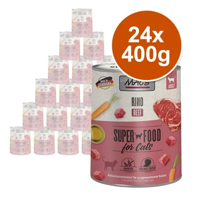 MAC's Super Food for Cats Rind Beef, 24×400g konzerv pro kočky, nápisy Made in Germany, Grainfree, High Meat Content, obrázek hovězího masa a mrkve na obalu.