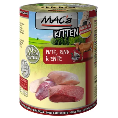 MAC's Kitten, conservă cu text vizibil: 70% Fleischanteil, Getreidefrei, Pute, Rind & Ente, Made in Germany. Imagine carne de curcan, vită și rață pe ambalaj.