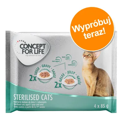 CONCEPT FOR LIFE Sterilised Cats, 4 x 85 g. 2x sos, 2x galaretka. Dla kotów kastrowanych od 1. roku życia. Pomarańczowe kółko z napisem: Wypróbuj teraz!