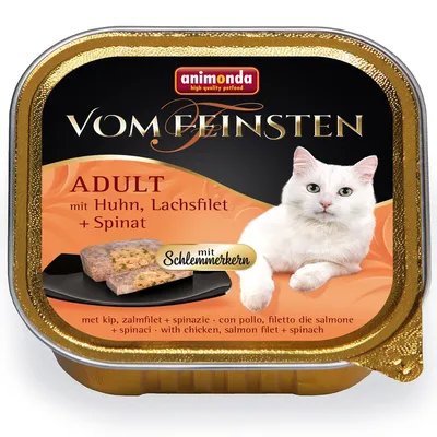 Корм для взрослых кошек animonda Vom Feinsten Adult с курицей, филе лосося и шпинатом, надпись: mit Schlemmerkern. Изображение порции корма на тарелке.