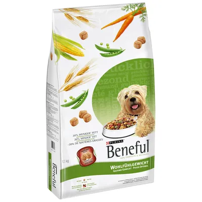 Упаковка корма для собак Purina Beneful Wohlfühlgewicht 12 кг, изображены морковь, горох, кукуруза, злаки, собака с миской корма. Текст: 20% weniger Fett.