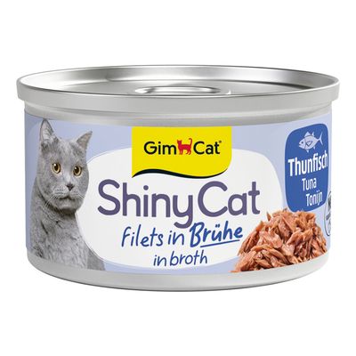 GimCat Shiny Cat Filet kana, 100 % luonnolliset ainesosat, ilman lisäaineita. Tölkki kissakuvalla ja tuotetiedoilla.