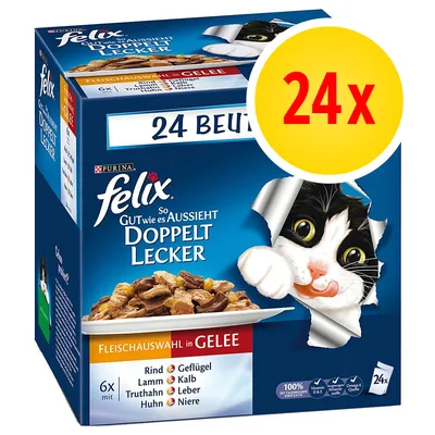 Confezione Purina Felix Doppelt Lecker, 24 buste, selezione di carne in gelatina. Testo visibile: Rind, Geflügel, Lamm, Kalb, Truthahn, Leber, Huhn, Niere. Immagine di un gatto.