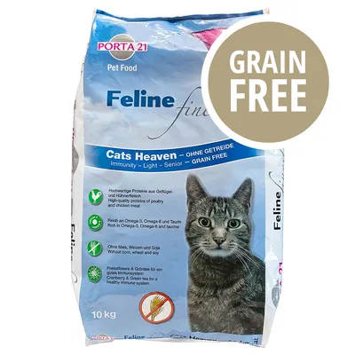 Porta 21 Feline fine Cats Heaven, alimento per gatti, 10 kg. Testo visibile: GRAIN FREE, senza mais, grano e soia, ricco in Omega-3, Omega-6 e taurina, proteine di pollo.